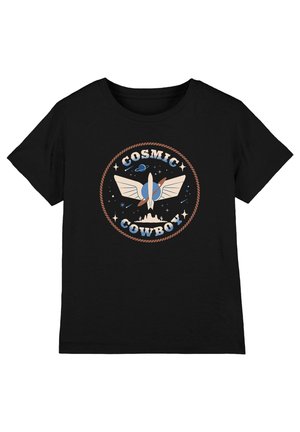 Schwarzes T-Shirt mit rundem Anime-Stil-Emblem, das eine Rakete mit Flügeln, Sterne, Planeten und den Schriftzug „COSMIC COWBOY“ zeigt, eingerahmt von einem Seilrand.