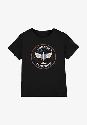 Black t-shirt with round anime-style emblem depicting a rocket with wings, stars, planets, and "COSMIC COWBOY" text framed by a rope border.