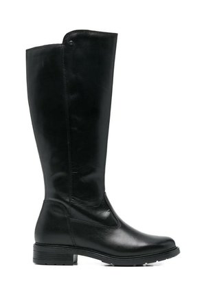 Stivale alto in pelle nera con tacco basso, punta arrotondata e dettagli cuciti, visto di lato su sfondo bianco.