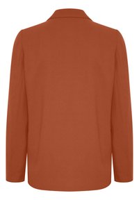 Blazer v rezavé barvě s klopovým límcem, dlouhými rukávy a rovný střih. Hladká textura a minimální detaily na zádech.