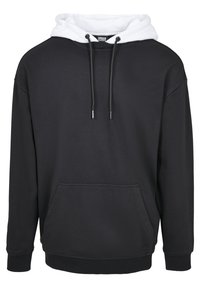 Fekete kapucnis pulóver fehér kapucnival. Elöl zsebbe, kötözőzsinórra és bordás mandzsettákra van szüksége. Puha, vastag anyagból készült.