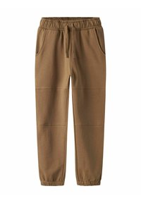 Brązowe bawełniane spodnie dresowe z elastycznym pasem, regulowanym sznurkiem, bocznymi kieszeniami i ściągaczami; prosty krój nogawek z detalami szwów.