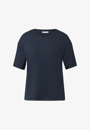 Marineblauw T-shirt met korte mouwen, gemaakt van zachte katoen, met een ronde halslijn en een ontspannen pasvorm. Gladde textuur zonder zichtbare patronen.