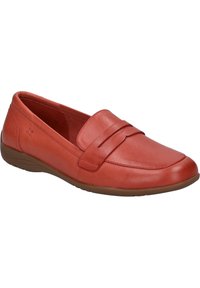 Rote Lederloafers mit glatter Oberfläche, die ein gesticktes Akzentband über dem Obermaterial aufweisen, und einer hellbraunen Gummisohle.