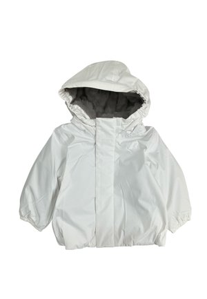 Giacca invernale bianca per bambini con cappuccio, polsini elastici e morbida fodera grigio scuro all'interno del cappuccio.
