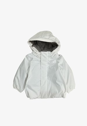 Giacca invernale bianca per bambini con cappuccio, polsini elastici e morbida fodera grigio scuro all'interno del cappuccio.