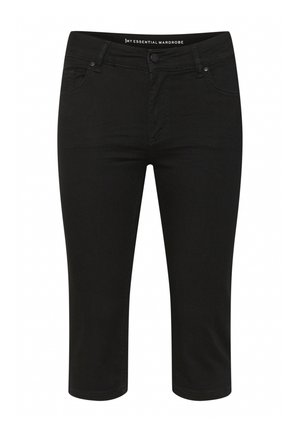 Jeans capri negri din denim, cu cinci buzunare, fermoar și închidere cu nasture, având o textură netedă și o croială clasică.