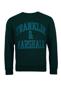 Zelena bombažna majica s kapuco z velikimi modrimi �črkami, ki črkujejo "FRANKLIN & MARSHALL" na sprednji strani; rebrast krožni ovratnik in manšete.