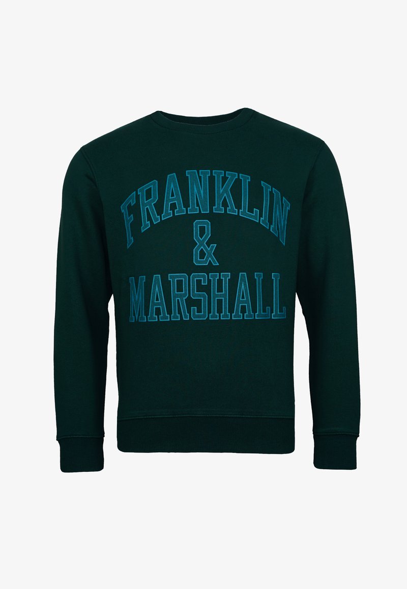 Grön bomullströja med stora blå bokstäver som stavas "FRANKLIN & MARSHALL" över framsidan; ribbad krage och manschetter.