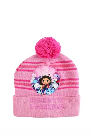 Cappello di lana rosa con pon pon, con un'immagine circolare di una ragazza con orecchie da gatto e personaggi animali colorati, con "Gabby's Friends" ricamato sotto.