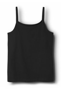 Svart linne med tunna axelband, gjort av mjukt tyg. Har en rak urringning, enkel design och inga utsmyckningar eller mönster.