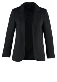 Zwarte blazer met een gestructureerd ribbelpatroon, enkelvoudig geknoopt ontwerp, met geknipte revers en twee voorzakken.