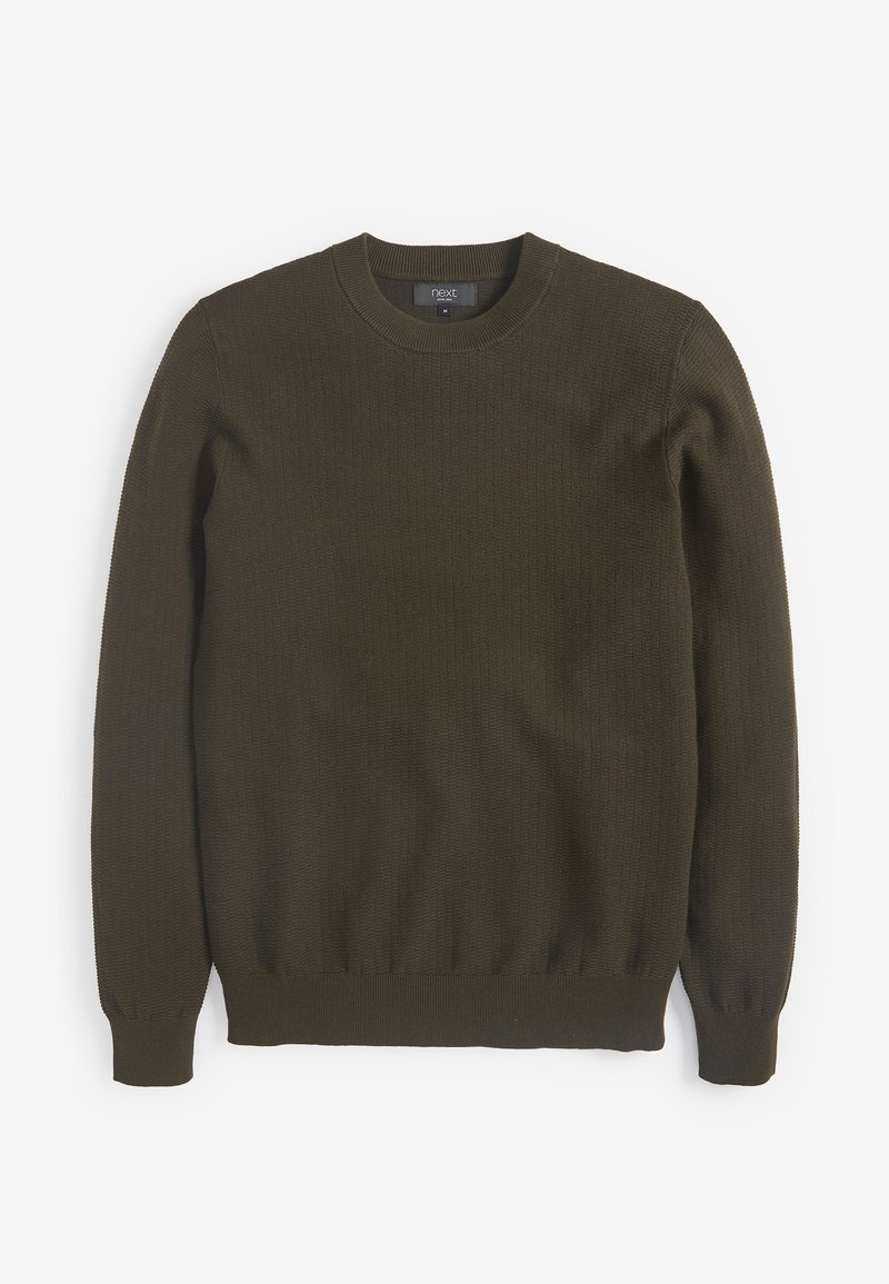 Pull en maille vert foncé à col rond, manches longues avec poignets et ourlet côtelés, posé à plat sur un fond blanc.