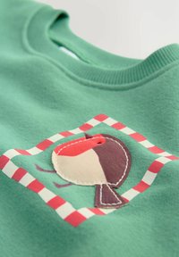 Sudadera verde con un diseño de pájaro bordado dentro de un borde a cuadros. La textura es suave y presenta detalles en el cuello acanalado.