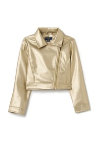 Goldfarbener, metallischer, taillierter Blazer mit einem kragenartigen Ausschnitt, Reißverschluss und langen Ärmeln. Hergestellt aus glattem, glänzendem Material mit einer eleganten Oberfläche.