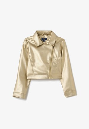 Chaqueta recortada metálica dorada con cuello tipo solapa, cierre de cremallera y mangas largas. Fabricada con un material suave y brillante con un acabado elegante.