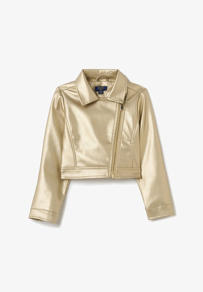 Goldfarbener, metallischer, taillierter Blazer mit einem kragenartigen Ausschnitt, Reißverschluss und langen Ärmeln. Hergestellt aus glattem, glänzendem Material mit einer eleganten Oberfläche.