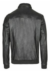 Chaqueta de cuero negro con dobladillo y puños acanalados, que presenta un cuello y una textura suave. La parte trasera es lisa, enfatizando el brillo del material.