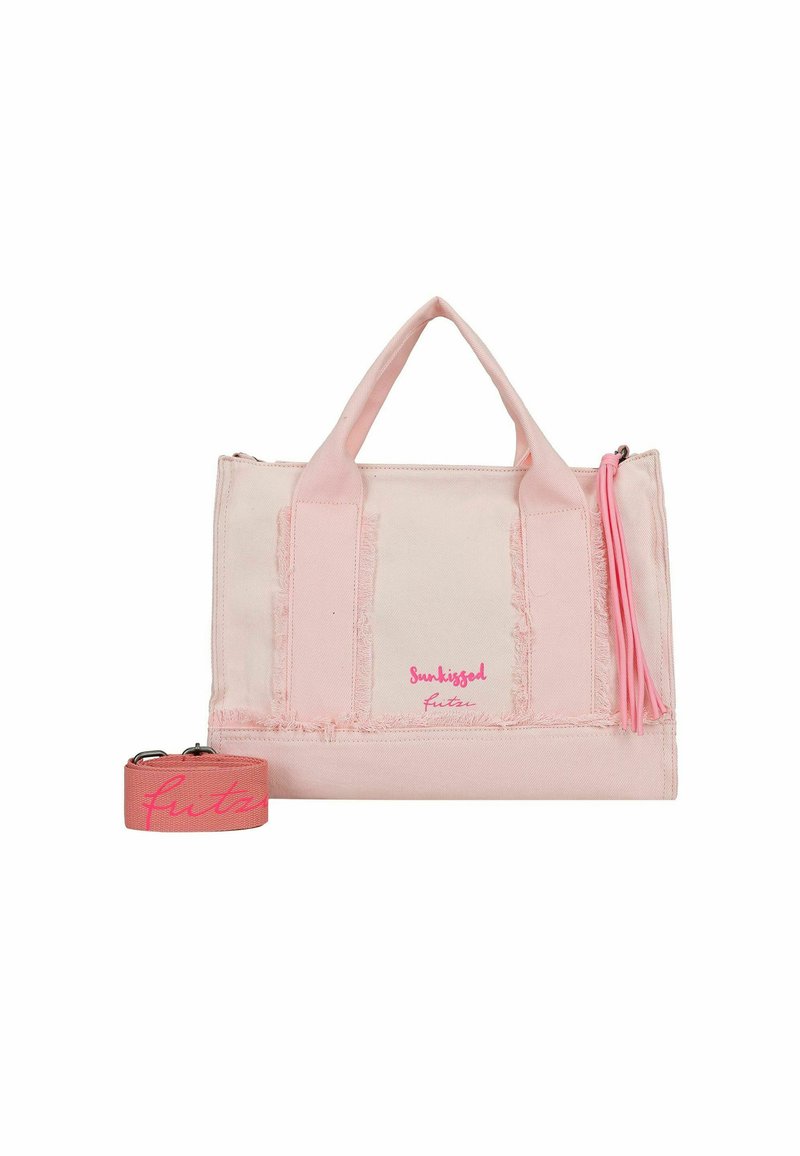 Borsa a tracolla in tela di colore rosa chiaro con dettagli sfrangiati, manici superiori e una tracolla staccabile. Dotata di una cerniera e testo stampato.