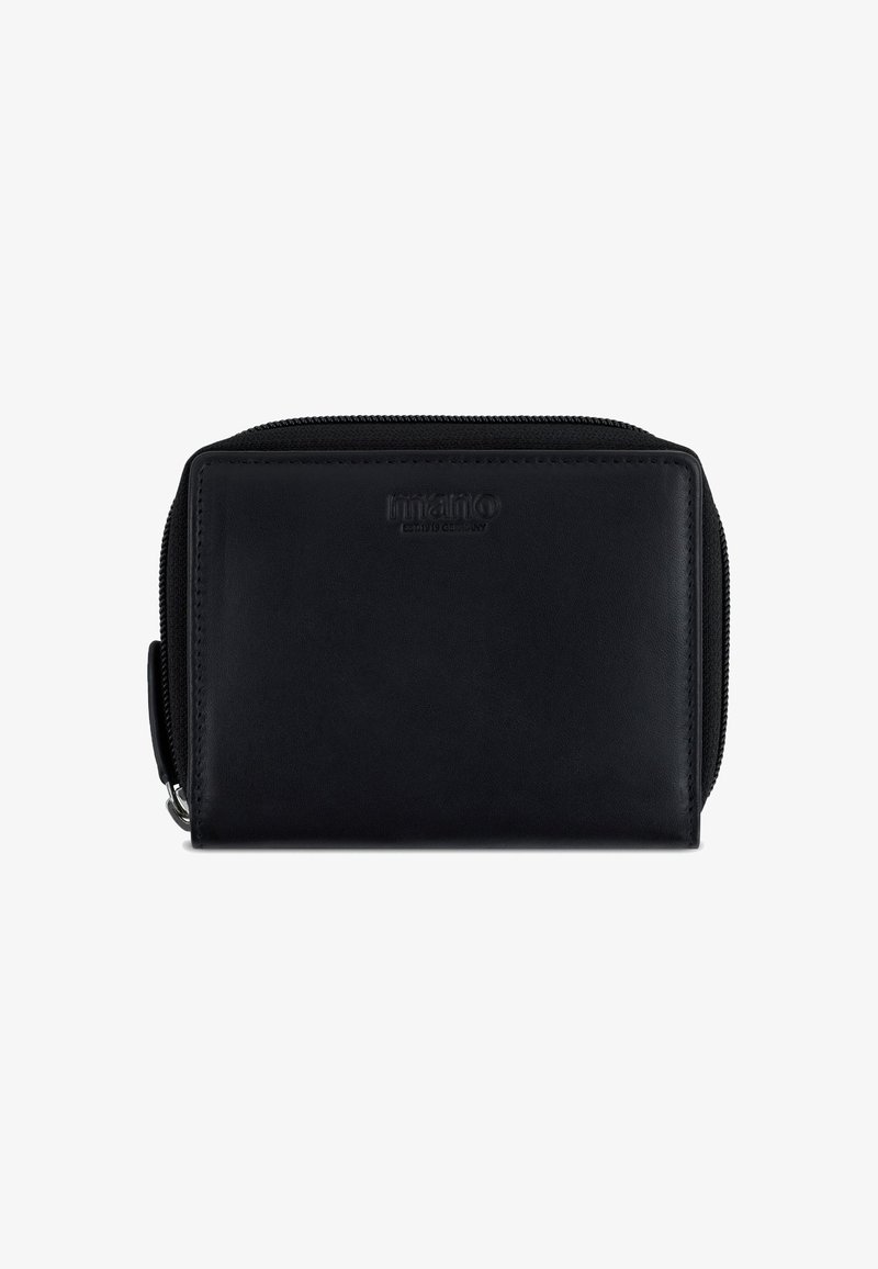 Portefeuille compact en cuir noir avec des bords cousus, logo de la marque embossé à l'avant et fermeture éclair sur trois côtés.