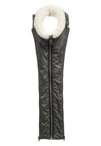 Black padded vest with a faux fur collar and a full-length zipper. Features a sleek design and a smooth texture. Lightweight material.