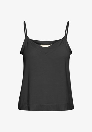 Čierna tielko bez rukávov s tenkými ramienkami, výstrihom do V, z mäkkej látky a vo voľnom strihu. Spodný lem je mierne zakrivený.