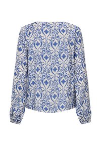 Blå och vit långärmad blus med texturerat paisleymönster, med rund halsringning och elastiska ärmslut.