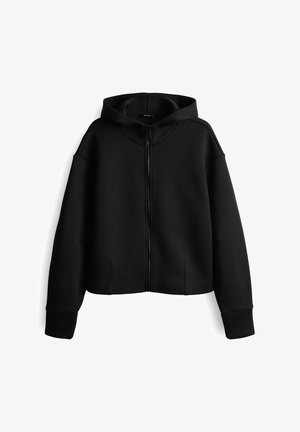Zwarte rits hoodie met lange mouwen, voorzakken en een capuchon, gepresenteerd tegen een witte achtergrond.