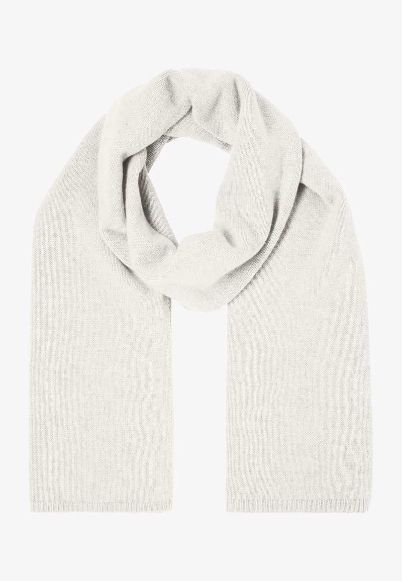 Lichtgrijze gebreide sjaal met een zachte textuur, rechte uiteinden en een doorlopend loolontwerp, geschikt voor warmte en comfort.