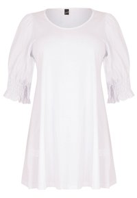 Hvid, kortærmet top med rund halsudskæring og gathered, voluminøse manchetter. Blødt stof med en let løs pasform og glat tekstur.