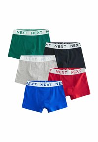 Öt darabból álló fiú boxeralsók szettje zöld, tengerészkék, szürke, piros és kék színekben, fehér derékkal, amelyen ismétlődően szerepel a "NEXT" felirat. Puha pamutból készült.