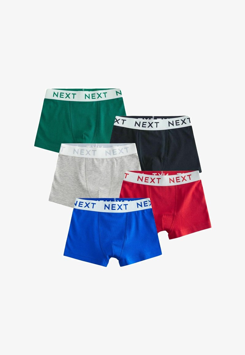 Cinque paia di boxer da uomo in verde, nero, grigio, rosso e blu con fasce in vita bianche con la scritta "NEXT."