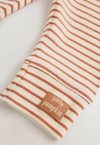 Close-up of cream and rust striped ribbed fabric sleeve with a brown label reading "little pumpkin."