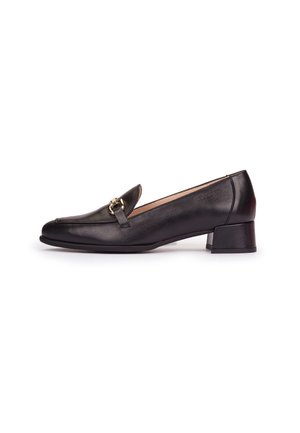 Black leather low-heeled loafer with gold metal buckle detail, rounded toe, and smooth finish, shown from the inner side.