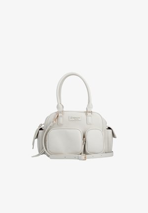 White leather handbag with double handles, two front zippered pockets, side pockets, and detachable shoulder strap.