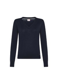 Pullover lavorato a maglia blu navy con scollo a V, maniche lunghe e vestibilità slim. Presenta polsini e orlo a coste, realizzato in materiale morbido e leggero.