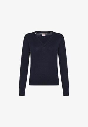 Pullover lavorato a maglia blu navy con scollo a V, maniche lunghe e vestibilità slim. Presenta polsini e orlo a coste, realizzato in materiale morbido e leggero.