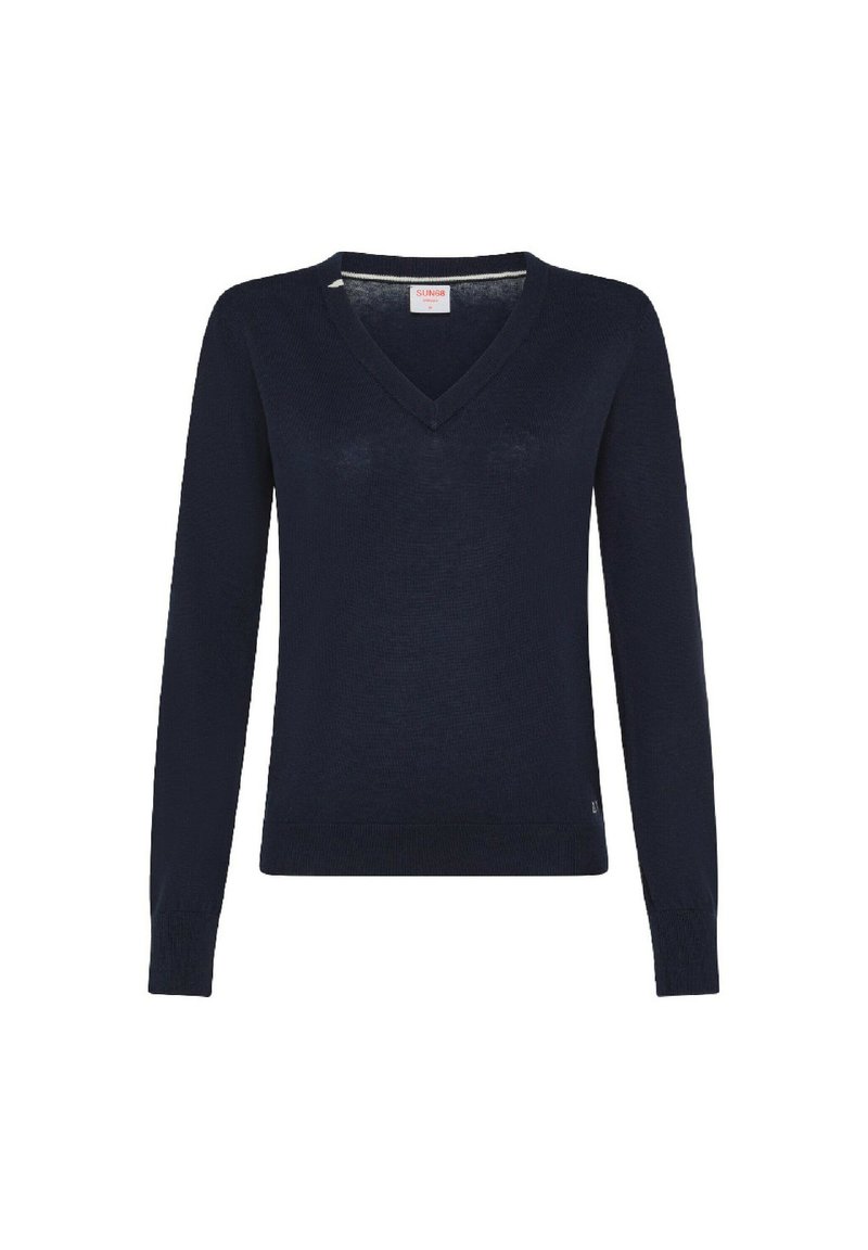 Pullover lavorato a maglia blu navy con scollo a V, maniche lunghe e vestibilità slim. Presenta polsini e orlo a coste, realizzato in materiale morbido e leggero.