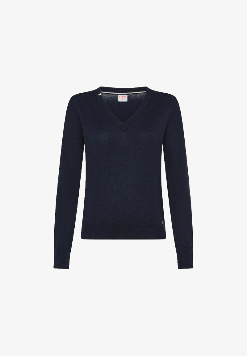 Pullover lavorato a maglia blu navy con scollo a V, maniche lunghe e vestibilità slim. Presenta polsini e orlo a coste, realizzato in materiale morbido e leggero.