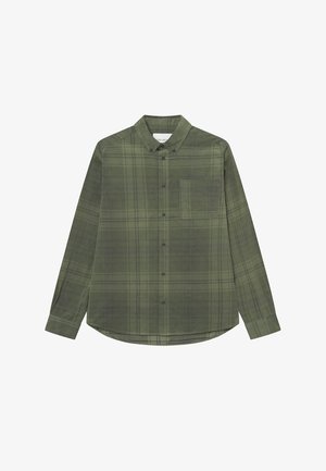 Chemise à carreaux verts à bouton, avec un col, des manches longues et une poche poitrine. Fabriquée dans un tissu doux avec une finition texturée.