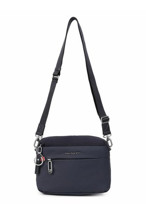 Black Hedgren crossbody bag with adjustable strap, front zipper pocket, and keychain attachments on a white background.