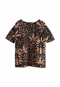 Chemise noire à manches courtes ornée d'un motif crémeux de feuilles et de diamants. Fabriquée en tissu doux, avec une coupe décontractée et un col arrondi.