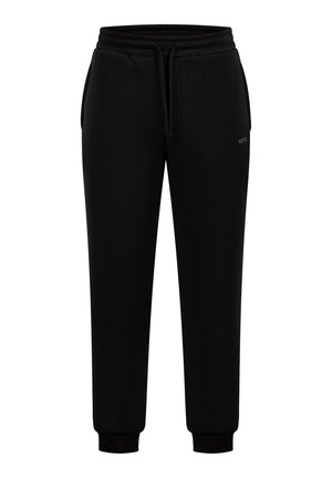 Sorte joggingbukser lavet af blødt stof med elastisk taljebånd og snor, sidelommer og ribkanter ved anklerne.