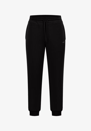 Schwarze Sweatpants aus weichem Stoff, mit einem elastischen Bund mit Kordelzug, Seitentaschen und gerippten Bündchen an den Knöcheln.