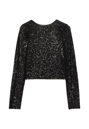 Crni dug rukav uski top s kratkim krojem prekriven šljokicama, s okruglim izrezom i oblikovanom siluetom. Izrađen je od rastezljivog, teksturiranog materijala.