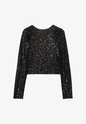 Črn dolg rokav prerezan zgoraj, prekrit s paščki, z okroglim izrezom in prilegajočim se silhuetom. Narejen iz raztegljive, teksturirane tkanine.