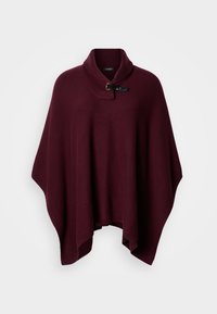 Bordový pletený pončo so šálovým golierom a bočným zapínaním na patentný gombík, s voľným strihom a textúrovanou látkou.
