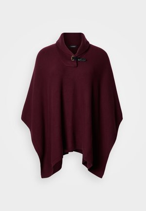 Bordo pleteni pončo s šal okovratnikom i bočnim zatvaračem na kopču, s opuštenim krojem i teksturiranim tkanjem.