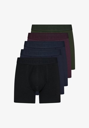 Fem par bokser-shorts i sort, marineblå, mørkegrøn, burgunder og mørkegrå. Hver har en bred, præget talje.