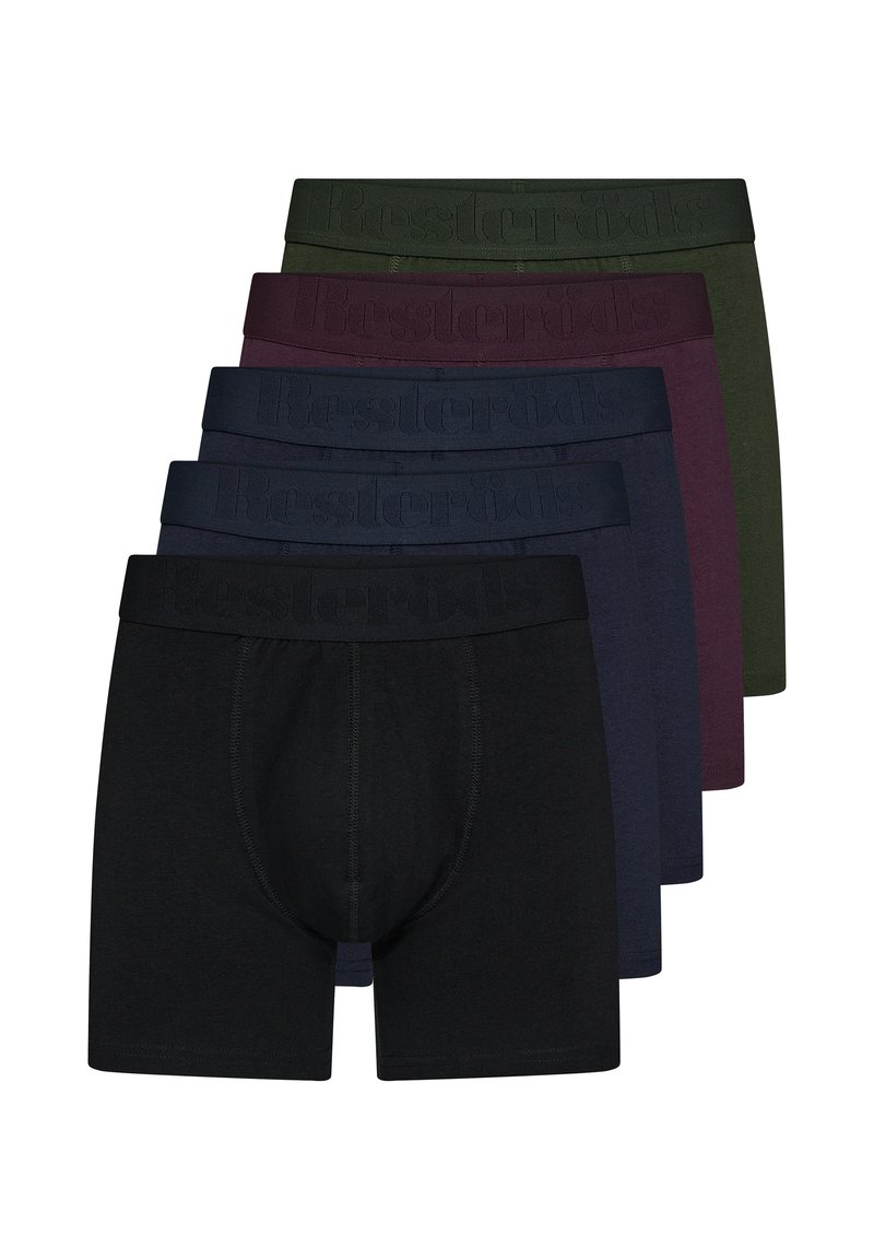 Fem par bokser-shorts i sort, marineblå, mørkegrøn, burgunder og mørkegrå. Hver har en bred, præget talje.